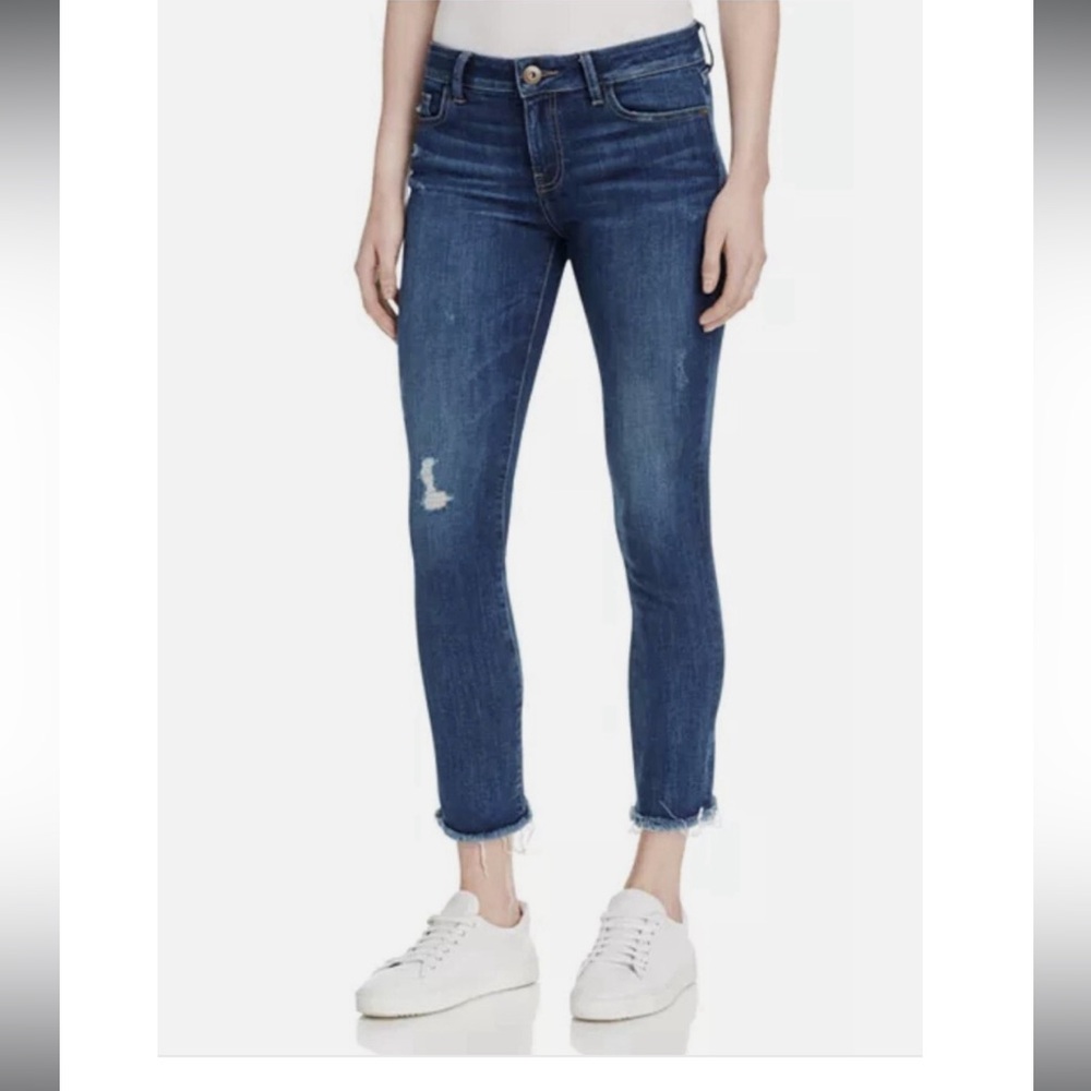 DL1961 Distressed Ankle Jeans in Dark Blue